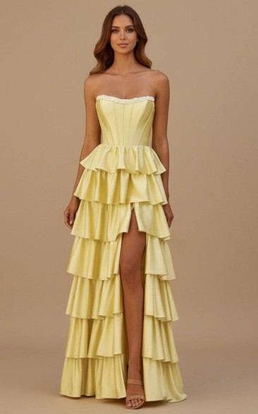 Multilayer Ruffle Gown Pale Yellow Strapless Tight-Fit Multi-Layer Ruffle High-Slit Gown (IV ...