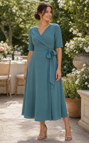 half sleeve chiffon dress A-Line/Princess V-Neck Half Sleeves Chiffon Bridesmaid Dresses With Pockets & Split Side Dusty Sage