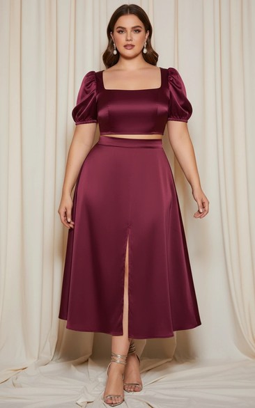 Plus Size Burgundy Two-piece Evening Dress Square-neck Puff Sleeve High  Slit Ensemble (IV_311925) | Dorris Bridal