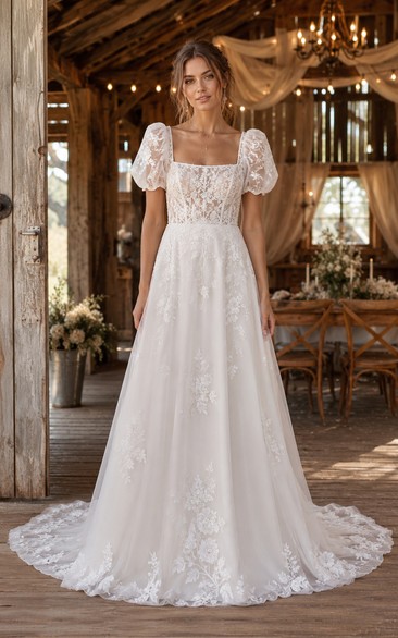 short sleeve square neck wedding dress Lace Square Neck Bridal Dress with Short Sleeves loveangeldress