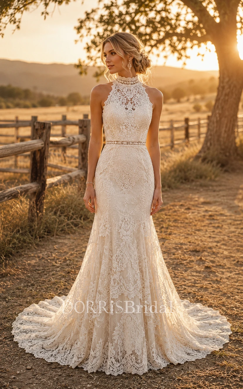 country mermaid wedding dresses Mermaid Boho Lace Wedding Dress Spaghetti Straps Backless Country Bridal  Gown with Tied Back & Plunging Neck