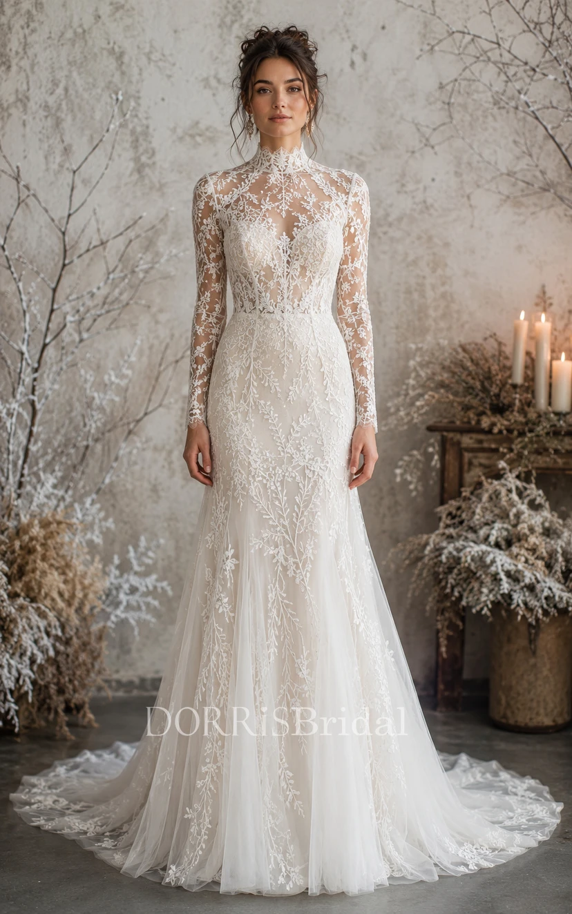 modest lace mermaid wedding dress Modest Scalloped Ivory Lace Mermaid Wedding Dress