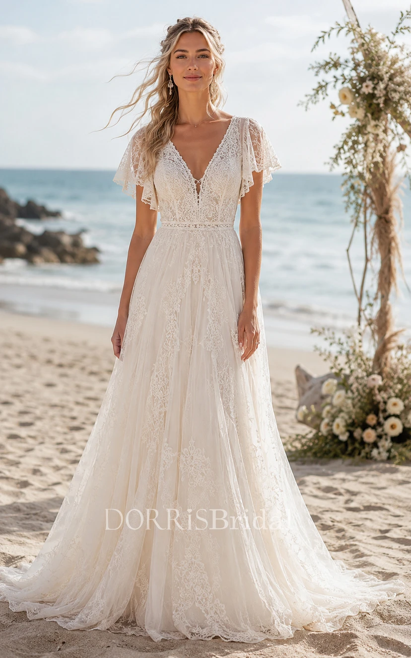 flutter sleeve a line wedding dress CELINE / A Line Wedding Dress with Flutter Sleeves