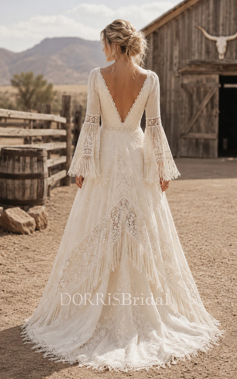 western a line dress Western Vintage Country A-Line Wedding Dress Long Bell Sleeve V-Neck Lace  High-Low Chapel Train Ivory (468444)