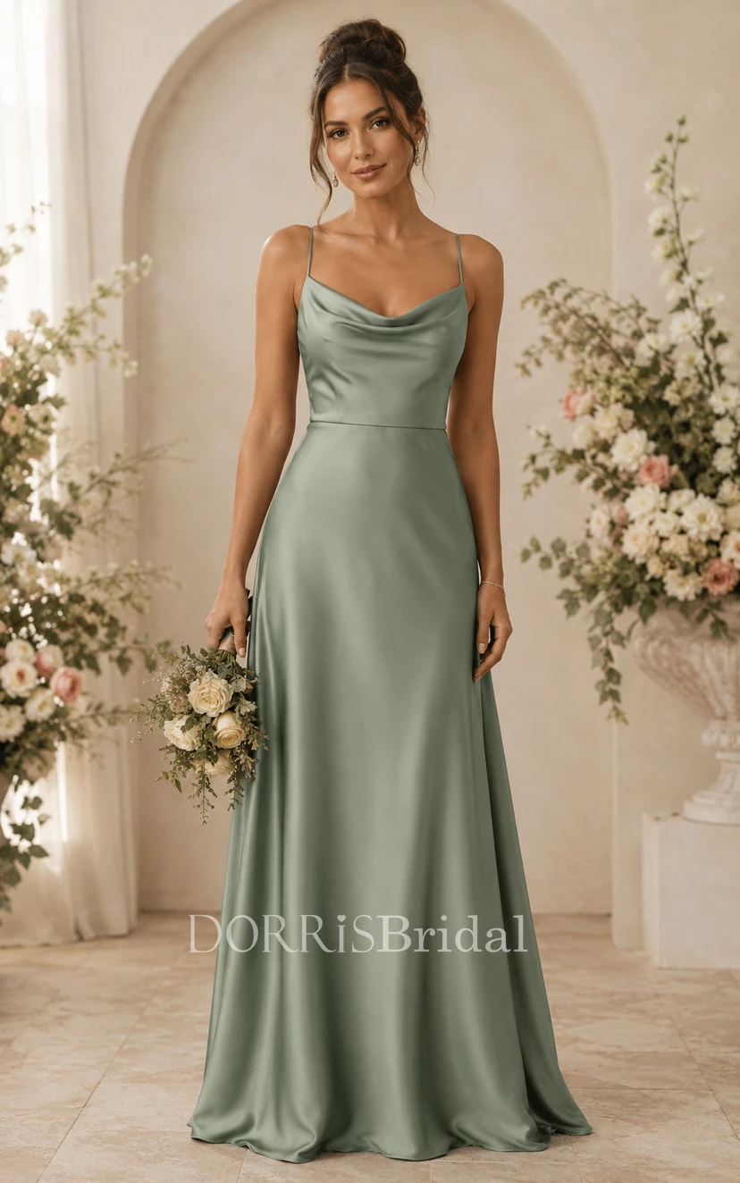 Sage Satin A-Line Cowl Neck Bridesmaid Dress (618586)