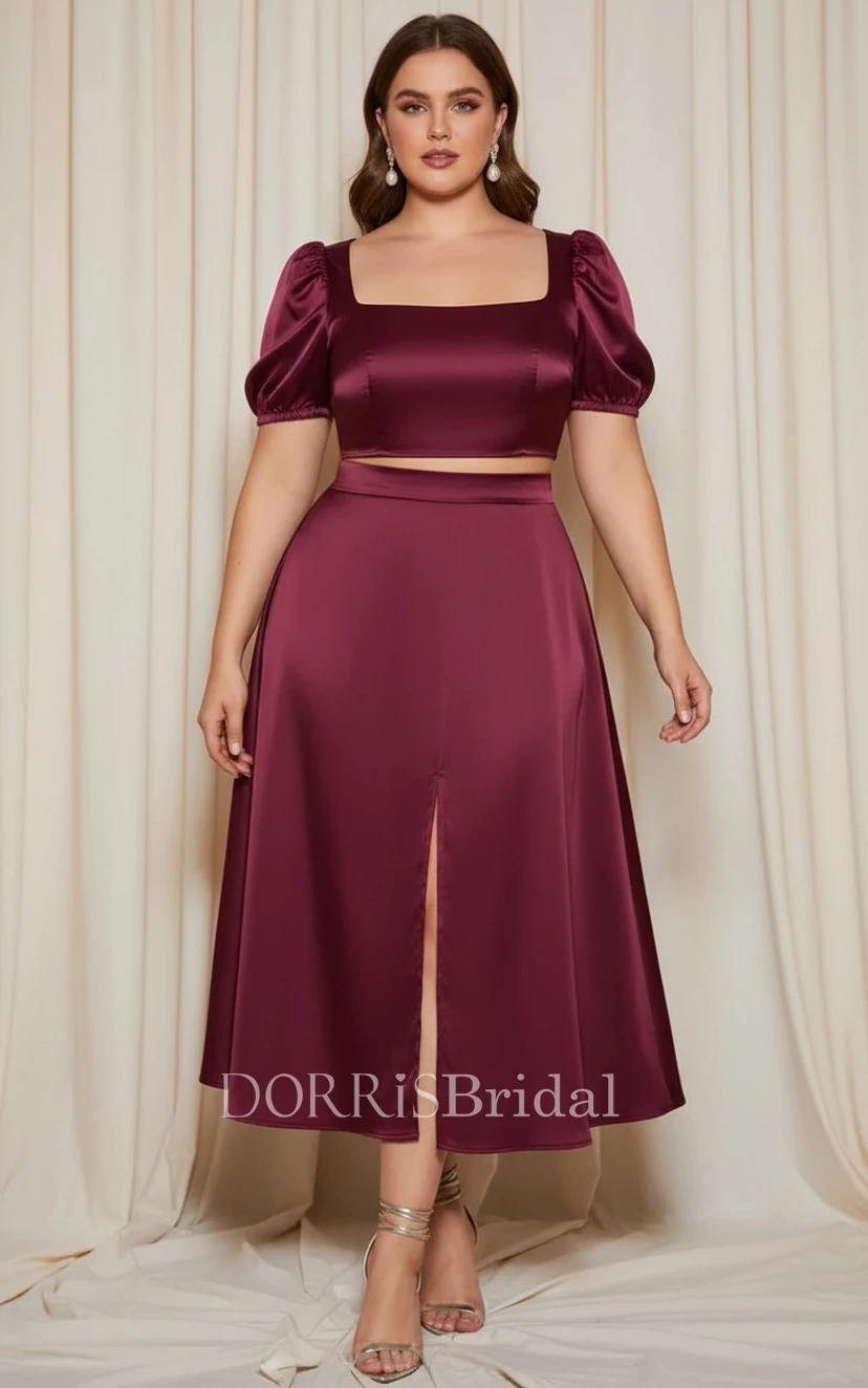 Plus Size Burgundy Two-piece Evening Dress Square-neck Puff Sleeve High  Slit Ensemble (IV_311925) | Dorris Bridal