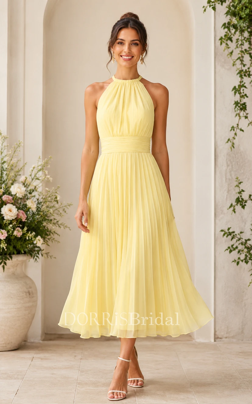 yellow pleated halter dress Light Yellow Pleated Dress - Lace-Up Halter Dress - Tiered Maxi